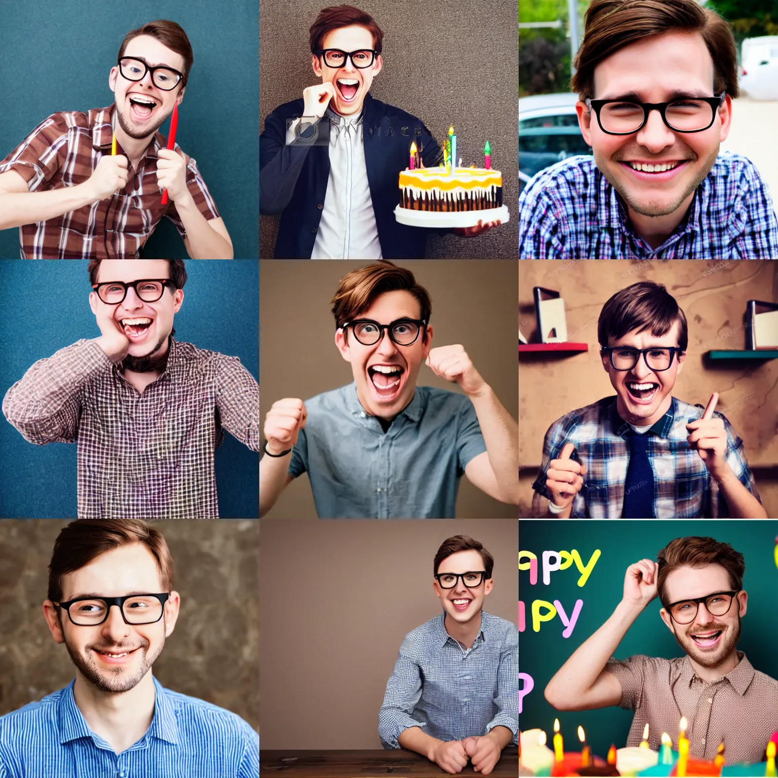 Prompt: happy male person brown hair nerd with round glasses celebrating birthday