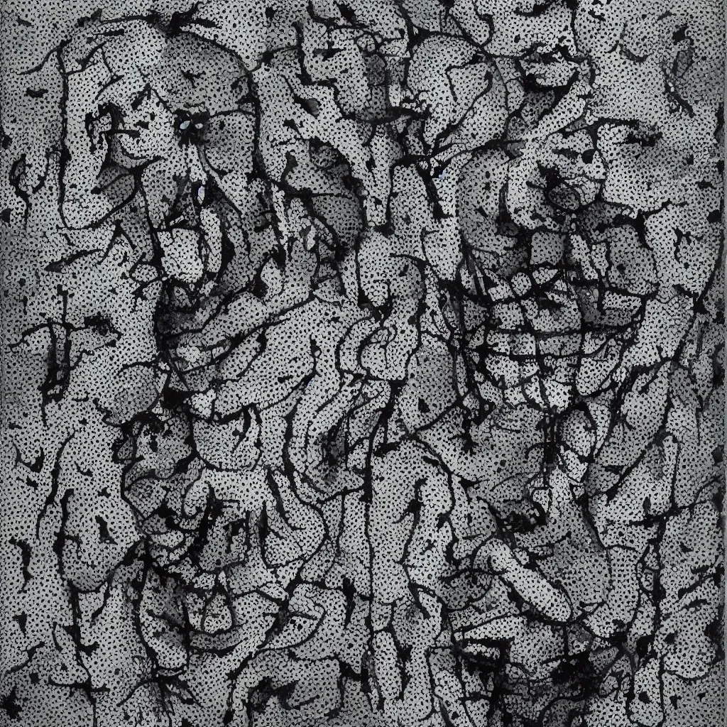 Image similar to camo made of out teeth, smiling, abstract, maya bloch artwork, do hoang tuong artwork, cryptic, dots, stipple, lines, splotch, concrete, color tearing, pitch bending, faceless people, tribal, dark, ominous, eerie, minimal, points, technical, painting