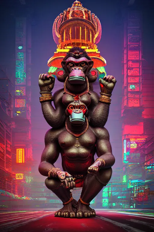 Image similar to high quality 3 d render post - rococo cyberpunk hanuman! head building, neon madhubani, highly detailed, in sci - fi mumbai, cinematic smooth unreal engine, lee madgwick & liam wong, dramatic light, low angle, uhd 8 k, sharp focus