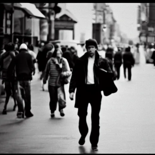 Image similar to film still, man walking in crowded street, realistic, black and white, detailed, shot on camera