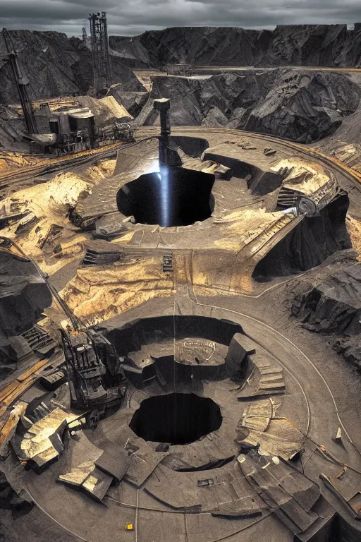 Image similar to the blackhole quarry, mining, drilling machinery, fantasy, magic, 4 k, ultra realistic, celshaded art