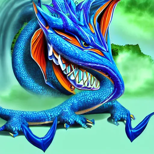 Prompt: blue dragon with a white belly and orange eyes award winning digital art