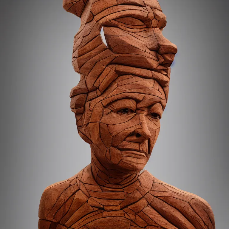 Prompt: public sculpture minimalist portrait of a powerful navajo woman, beautiful symmetrical face accurate face detailed face realistic proportions, carved out of juniper wood on a pedestal by stephan balkenhol and martin puryear, hyperrealistic dramatic lighting shocking detail trending on artstation 8 k