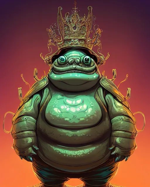 Prompt: a fat slimy anthropomorphic toad king wearing ornate cyberpunk armor, bust shot, smooth, intricate, elegant, power aura, digital painting, artstation, concept art, high tech fantasy, sharp focus, illustration, art by james jean