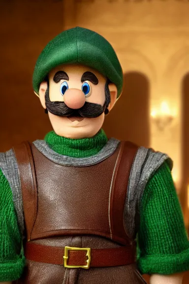 Image similar to very very intricate photorealistic photo of a realistic human version of luigi wearing his hat in an episode of game of thrones, photo is in focus with detailed atmospheric lighting, award - winning details