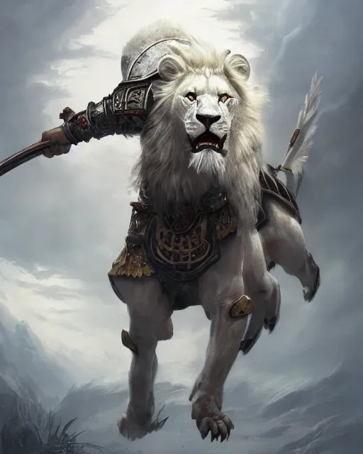 Image similar to oil painting of Anthropomorphized White Lion General in Battle, wearing armor, wearing fur cloak, sharp focus, holding Sabre, heroic pose, fantasy style, octane render, volumetric lighting, 8k high definition, by greg rutkowski, highly detailed, trending on art Station, magic the gathering artwork, Battlefield backround, centered