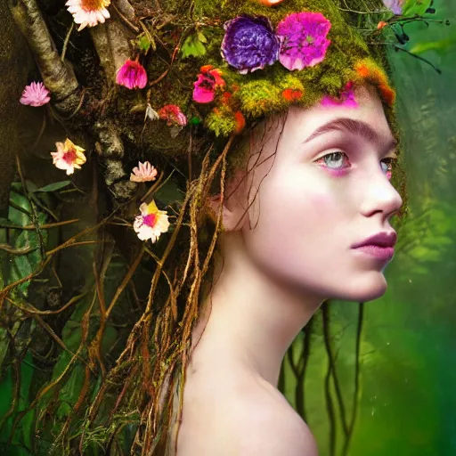 Prompt: beautiful portrait of a magical forest dryad, flowers on heir cheeks, colorful flowers growing from her head, branches growing as hair, brown skin like soil, glowing ember eyes, golden sunlight, queen of the forest, extremely detailed, hyperrealistic, photo by annie leibovitz, masterpiece, award-winning, mythological, mossy, grass