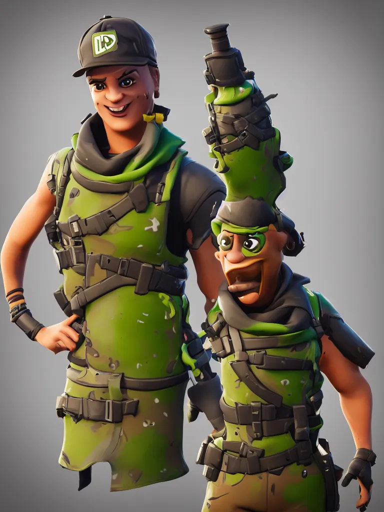 Image similar to fortnite character, anthropomorphic pickle, kind eyes and a derpy smile. flak jacket, ammo bandolier, cargo pants, black combat boots. fortnite style, unreal engine