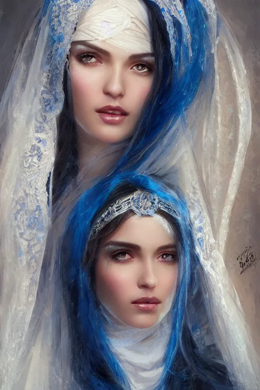 Image similar to arab ameera al taweel, bright blue eyes, long wavy black hair, white veil, front closeup, cinnamon skin color, elegant, highly detailed, centered, oil painting, artstation, concept art by tom bagshaw