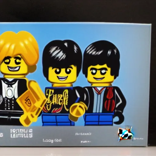 Image similar to Box art for a LEGO set of The Beatles