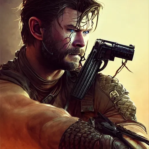 Image similar to Chris Hemsworth as Venom Snake, western, D&D, fantasy, intricate, elegant, highly detailed, digital painting, artstation, concept art, matte, sharp focus, illustration, art by Artgerm and Greg Rutkowski and Alphonse Mucha