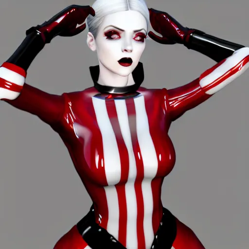 Prompt: a pale goth woman with a modest elaborate elegant red-white multilayered latex striped tight high-neck outfit, fully clothed, cgsociety, photorealistic, sublime-cool-badass-hyperadvanced, 16k, smooth, sharp focus, trending on ArtStation, volumetric lighting