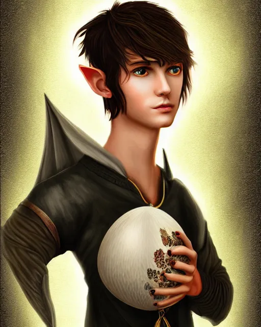 Image similar to portrait of elven teenage boy mage with long black hair holding dragon egg digital painting modern fantasy highly detailed