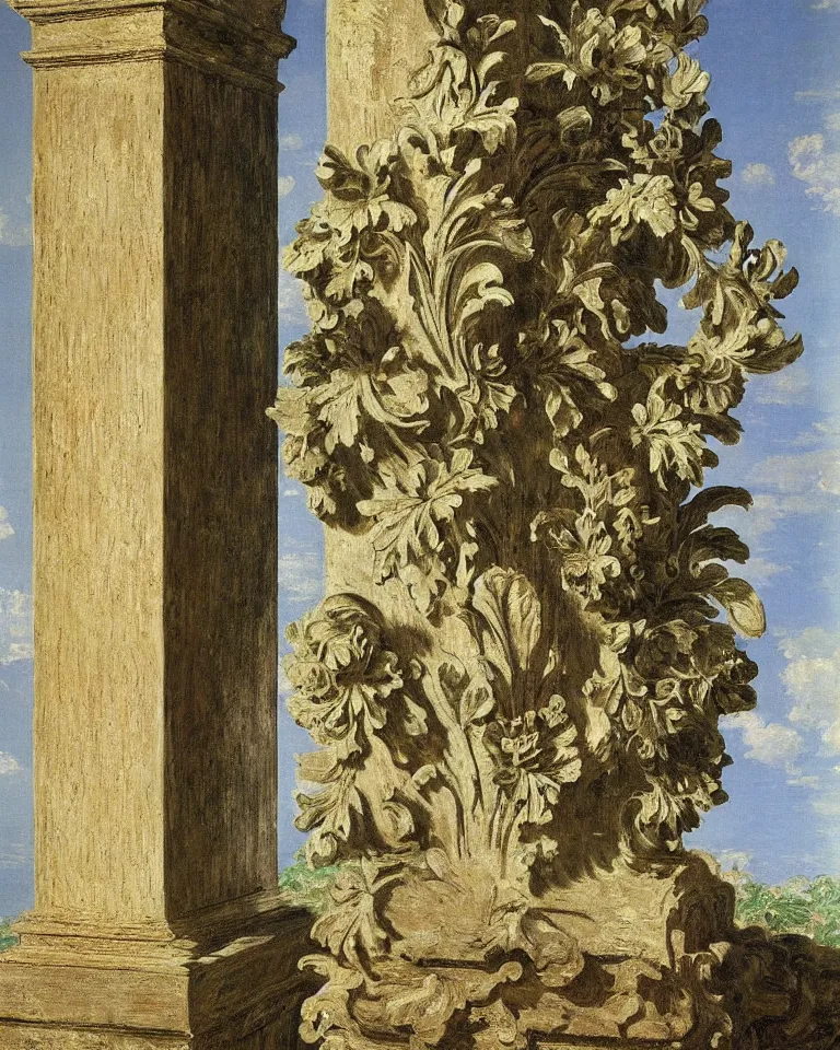 Prompt: achingly beautiful painting of intricate ancient roman corinthian capital on floral background by rene magritte, monet, and turner. giovanni battista piranesi.