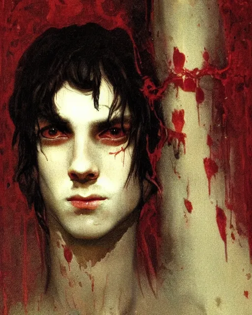 Image similar to a handsome but sinister and creepy young man in layers of fear, with haunted eyes, violence in his eyes, 1 9 7 0 s, seventies, delicate embellishments, a little blood, crimson, painterly, offset printing technique, by alexandre cabanel