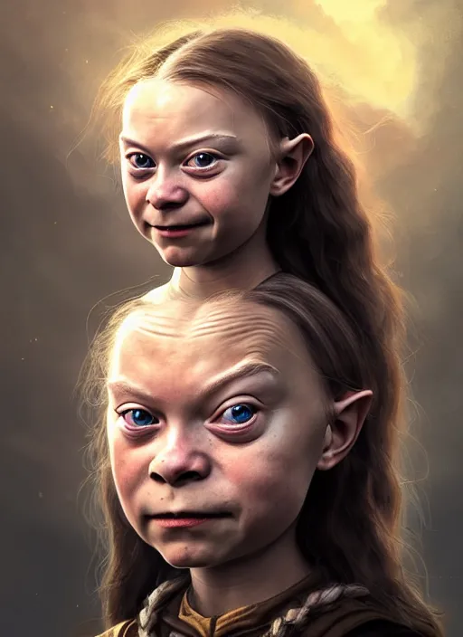 Image similar to portrait of greta thunberg as a medieval goblin girl, beautiful face, hyper realistic, highly detailed, digital painting, artstation, illustration, concept art by hyung tae and frank frazetta, digital paint, matte paint, washed colors, dark, gloomy