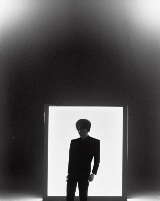 Image similar to 1979 young Gary Numan in a suit, lit by James Turrell, professional photography, darkwave semi-silhouette with red rim light, sigma 35mm f/8