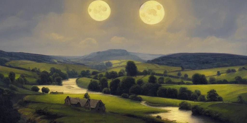 Prompt: a beautiful landscape painting of a yorkshire countryside valley with a river, night time moonlight, oil on canvas, highly detailed, hd, 4 k