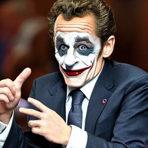 Prompt: Nicolas Sarkozy playing the Joker with makeup