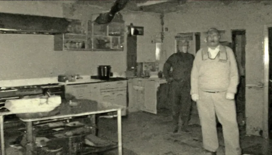 Image similar to a big snake and a man in a stalinist style kitchen, by mini dv camera, very very low quality, heavy grain, very blurry, accidental flash, webcam footage, found footage, security cam, caught on trail cam