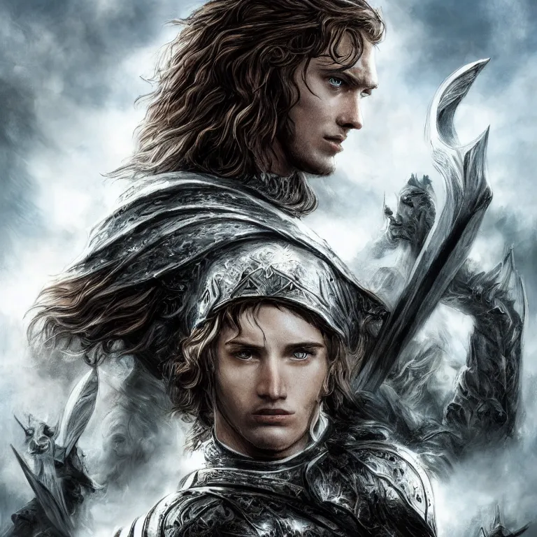 Image similar to fantasy art of a male human warrior, lord of the rings, poster, full body, realistic, sharp focus, 8 k high definition, insanely detailed, intricate, elegant, character portrait, portrait, close up, concept art