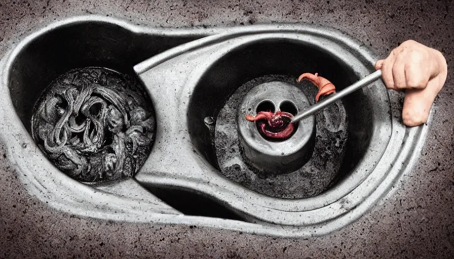 Image similar to Horror movie, a tentacle reaches up out of the kitchen sink drain.