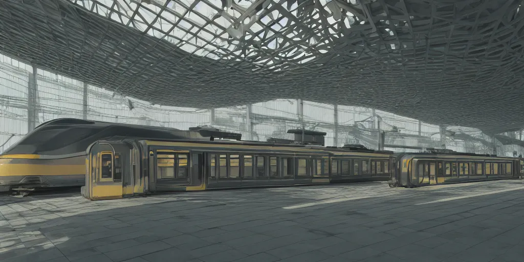 Image similar to photo of epic futuristic train station, 1970's trains, leica, lomo, soft light, morning light, photorealistic, details, octane render, cryengine, 8k, cinematic shot