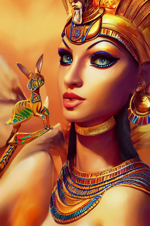 Image similar to egyptian cat goddess, vivid colors, high details, cinematic, 8k resolution, beautiful detailed, photorealistic, digital painting, artstation, concept art, smooth, sharp focus, illustration, fantasy background, artstation trending, octane render, unreal engine