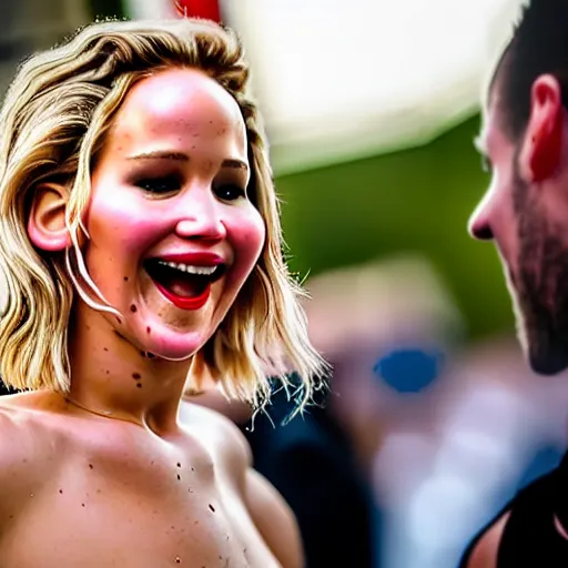 Prompt: beautiful hyperrealism hyperdetailed candid portrait of jennifer lawrence smiling widely in happy disbelief because of a marriage proposal from jennifer lawrence, flushed face, red blush, puffy lips, soft features, 8 k, sharp focus, golden hour, beach setting