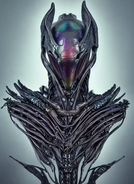 Prompt: alien hybrid humanoid androgyne muse with recursive horned wings attached to side of head, concept art, xenomorph, sculpted iridescent glass features, intricate detail, style by James Jean, circuitry, organic detail, asymmetry, cinematic, epic wide shot, ultra detailed, artstation, sharp focus,smooth, cinematic lighting, cinematic detail, composition, photorealistic, render in unreal engine 5, golden ratio, 8k render