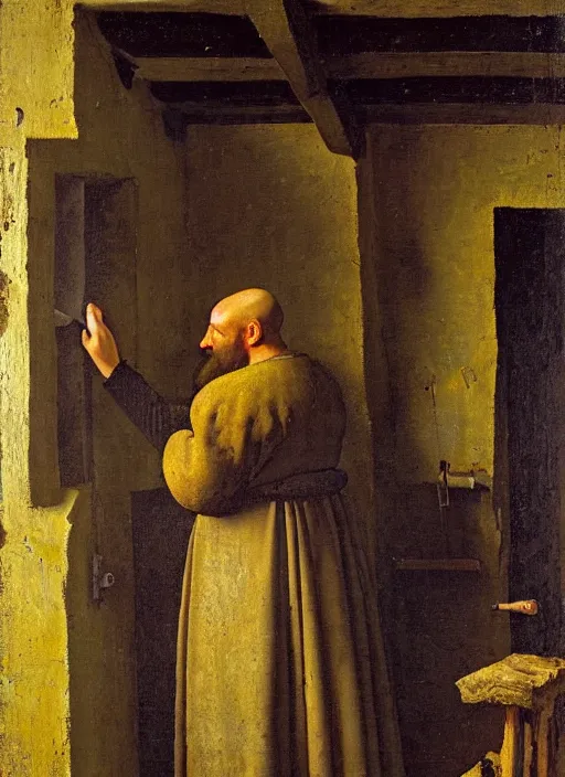 Image similar to A bald blacksmith, with a long dark beard in a forge, medieval forge, medieval painting by Jan van Eyck, Johannes Vermeer, Florence