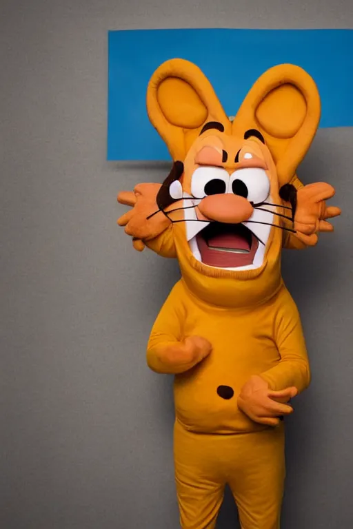 Image similar to portrait of Jacksfilms dressed in Garfield costume, starring in live-action adaptation of the comics, cosplay portrait photograph,