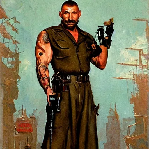 Prompt: dave bautista as sapper morton from blade runner is very proud of his tiny spectacles and boasts about them to a witch, painted by norman rockwell and tom lovell and frank schoonover