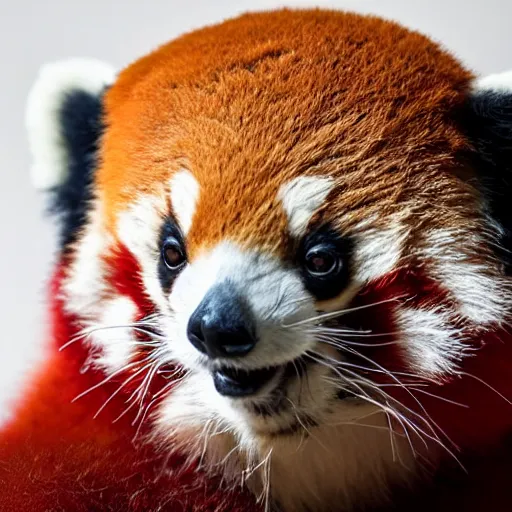 Image similar to portrait photo of a small happy chunky fluffy straw hat wearing red panda, looking into the camera, indoors, f 1. 4, golden ratio, overcast day