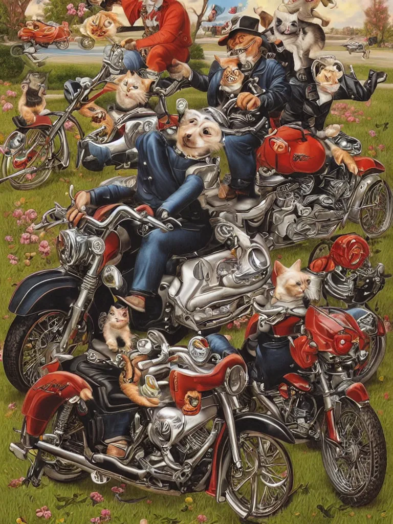 Image similar to a cat portrait riding Harley Davidson Mark Ryden and Alex Gross, Todd Schorr highly detailed