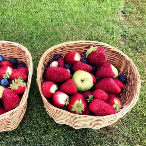 Prompt: 3 baskets filled with 3 different fruits, the left basket filled with strawberries, the middle basket filled with blueberries, the right basket filled with apples