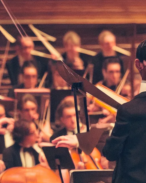 Image similar to long shot portrait of an orchestra conductor on the rostrum, symphony ensemble, baton in motion, motion blur, triadic color scheme, theatre lighting, focus on wand