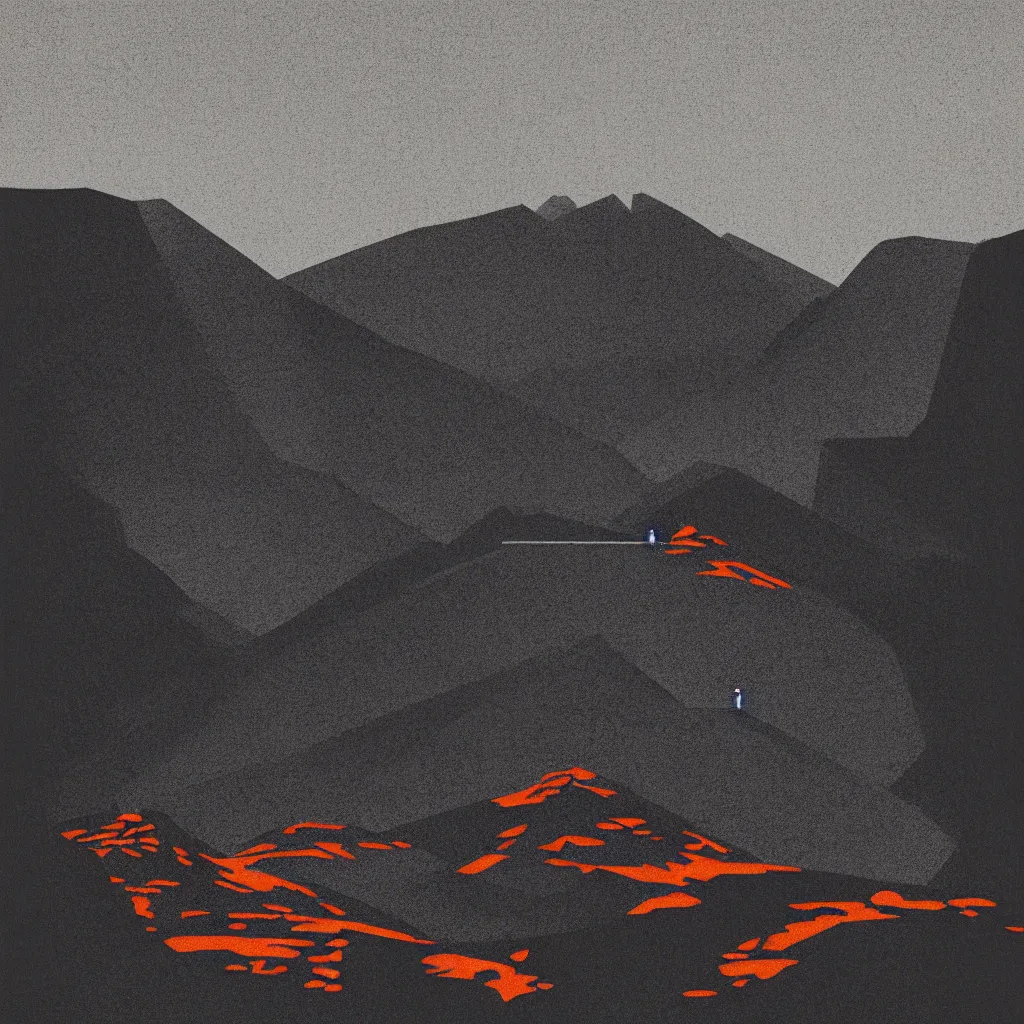 Image similar to backpacking mountain ridge, mads berg, karolis strautniekas, film noir, stippled light, dramatic lighting, editorial illustration, detailed, fine texture, matte print, art deco, brutalism, dark blue + dark orange, red, black, ( ( habitat 6 7 background ) )