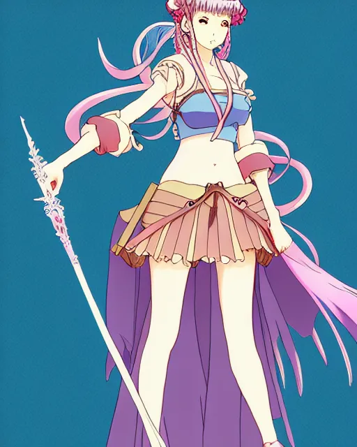 Image similar to cel - shaded anime character, full body design of beautiful fantasy warrior girl in the style of studio ghibli, moebius, ayami kojima, atelier lulua, clean linework