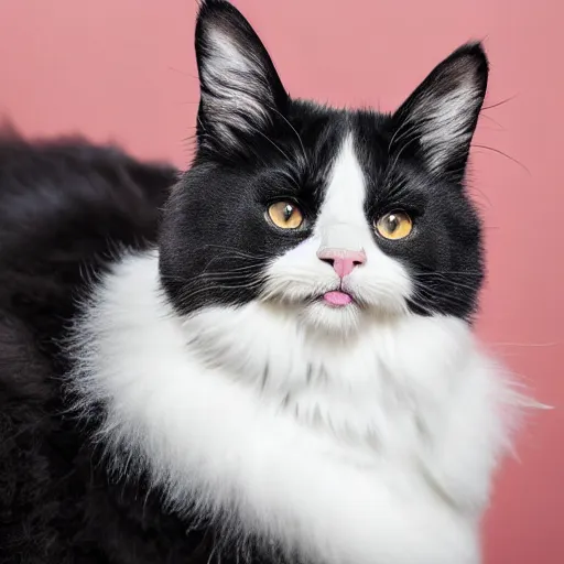 Prompt: fluffy tuxedo cat portrait, white cheeks, aesthetic highly detailed soft fur and paws, professionally shot photorealistic 8k photograph, 35mm Canon EOS R3, rendered in octane, by Natalie Große and Jason Allison