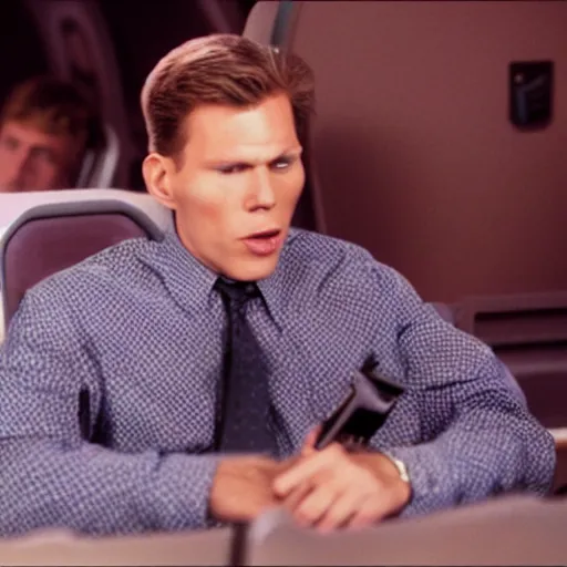 Image similar to Live Action Still of Jerma985 in Airplane!, real life, hyperrealistic, ultra realistic, realistic, highly detailed, epic, HD quality, 8k resolution, body and headshot, film still