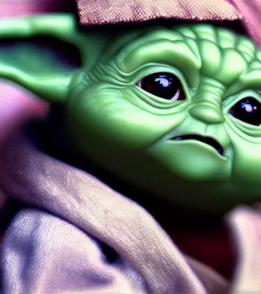 Image similar to a closeup portrait of Baby Yoda by Craig Mullins; extraordinary-masterpiece; realistic-lighting; anatomically-correct; 90mm; f/1.4