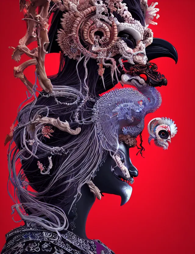 Image similar to 3 d goddess of hell close - up profile portrait with ram skull. beautiful intricately detailed japanese crow kitsune mask and clasical japanese kimono. betta fish, jellyfish phoenix, bio luminescent, plasma, ice, water, wind, creature, artwork by tooth wu and wlop and beeple and greg rutkowski