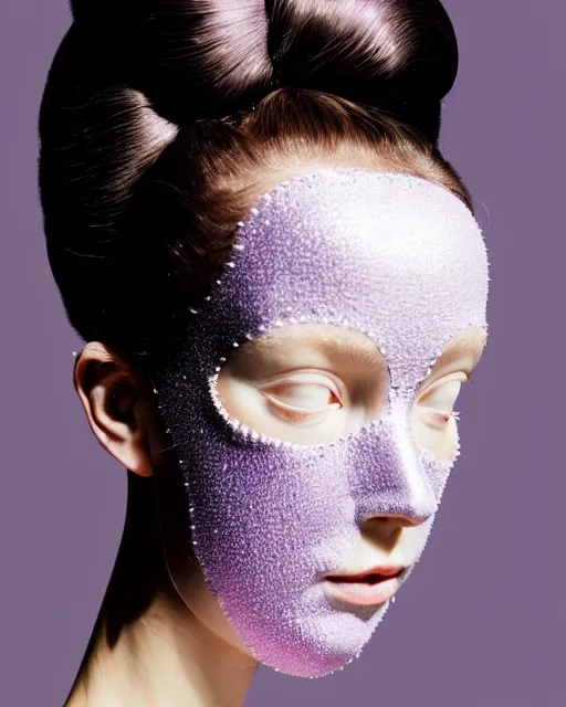 Prompt: symmetrical close - up portrait of a woman wearing a lilac metallic embroidered beauty mask and hair buns, wearing a black bodysuit by alexander mcqueen, cream white background, soft light, biotechnology, humanoide robot, bjork aesthetic, translucent, by rineke dijkstra, intricate details, highly detailed, masterpiece,
