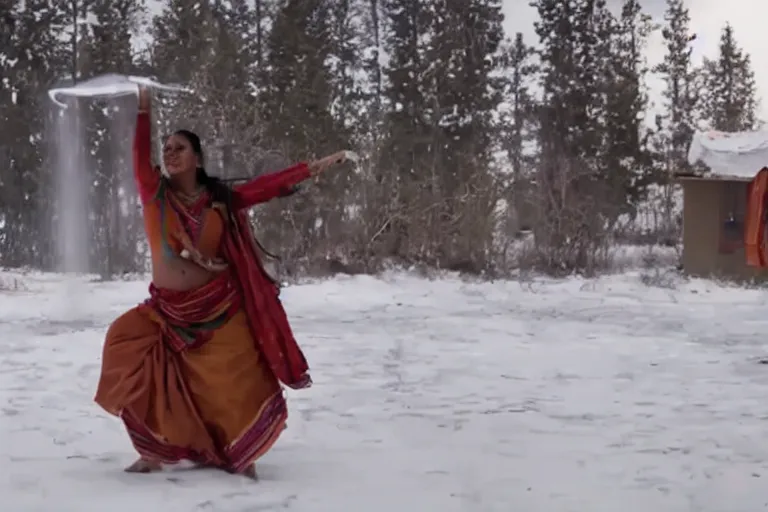 Image similar to VFX movie of a Indian woman dancing with magic flowing antigravity water in an Eskimo village by Emmanuel Lubezki