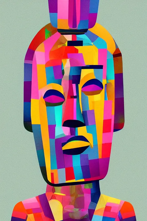 Image similar to cubist moai statue cutout digital illustration cartoon colorful beeple