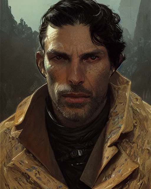 Prompt: '' Face portrait of a reptile man with a black leather coat, short hair , fantasy, d&d, high detail, digital painting, artstation, concept art, sharp focus, illustration, art by greg rutkowski and alphonse mucha ''