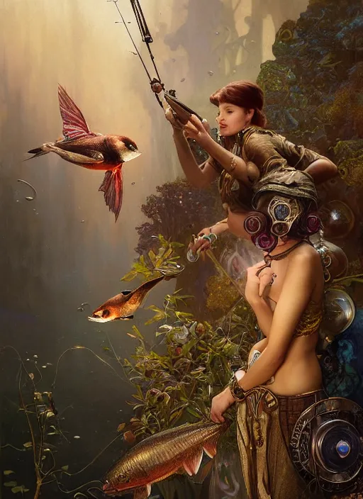 Image similar to hyper realistic fisherman, birds eye view, magical, gems, jewels, gold, steampunk, cyberpunk utopia, painted by tom bagshaw, mucha, gaston bussiere, craig mullins, j. c. leyendecker 8 k