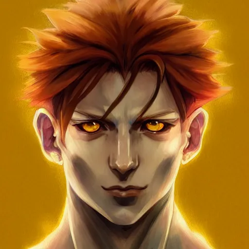 Prompt: portrait of hisoka hunter hunter, male, upper body sharp jaw yellow eyes small eyes red hair, long hair, anime, fantasy, intricate, elegant, highly detailed, digital painting, artstation, concept art, matte, sharp focus, illustration, art by artgerm and greg rutkowski and alphonse mucha