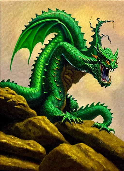 Prompt: “oil painting of green dragon with pointed tail sitting on a rocky outcropping in the style of Darrell K. Sweet”